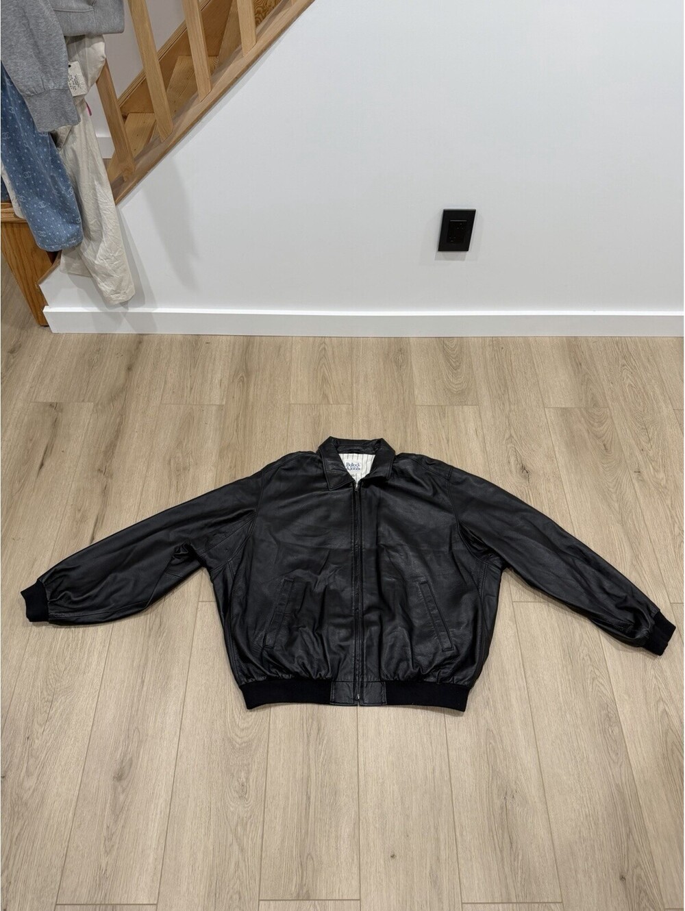 Bullock & Jones Mens Black Leather Long Sleeve Full-Zip Bomber Jacket Size 2XL